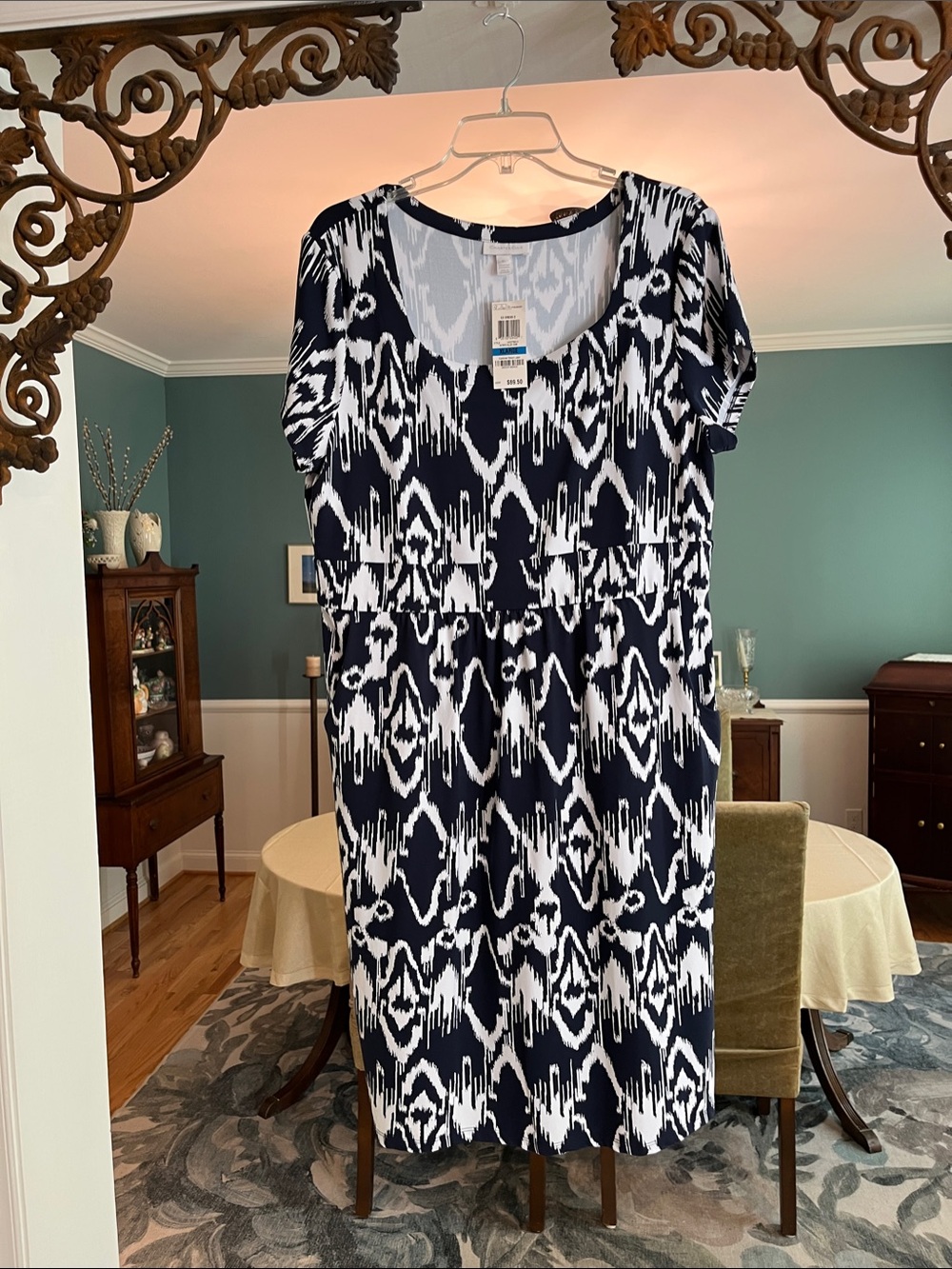 Navy and White Printed Short-Sleeve Midi Dress - Classic Ikat Print